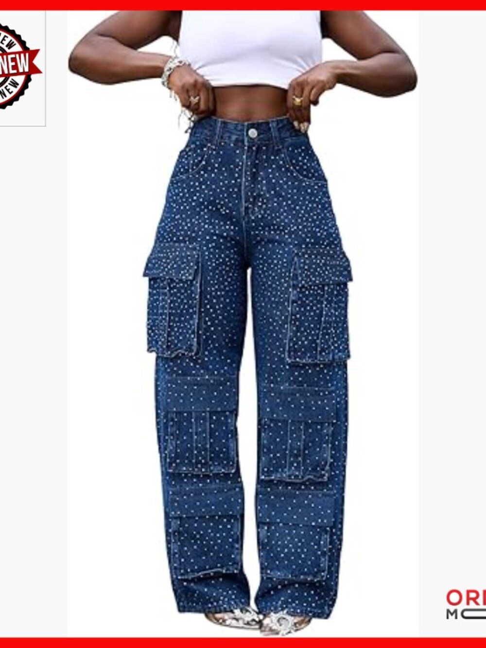 High Waisted Straight Leg Cargo Jeans with Rhinestones, 95% Polyester 5% Spandex